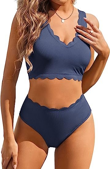 High Waist Swimsuit Women's Scalloped Bikini Set