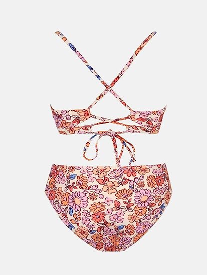 Women's Bikini Set Two-Piece Swimsuit Bottoms Floral Crossover Crew Neck Cutout Swimsuit