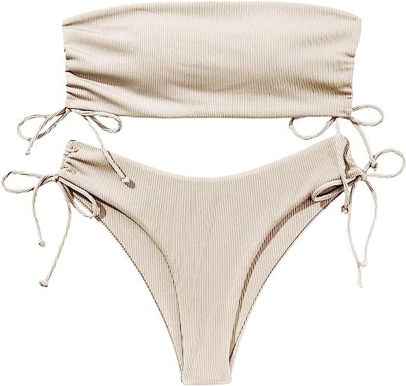 Women's 2 Piece Bandeau Swimsuits Tie Side Ribbed Bikini Set Tankini